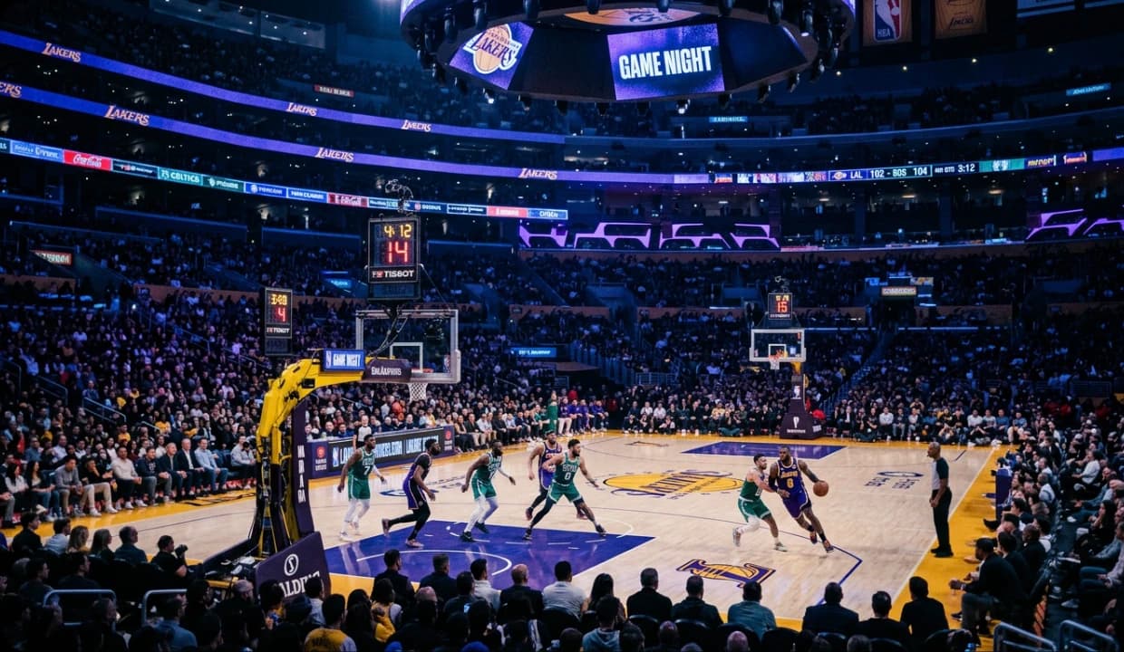 A basketball arena during a night game